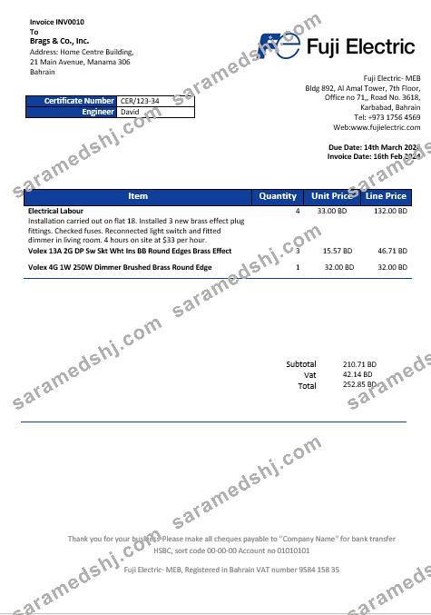 Bahrain Falcon Electrical S.P.C electricity business utility bill template in Word and PDF format